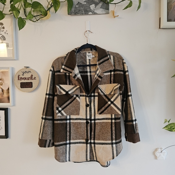 Princess Polly Cozy Plaid Brown And Cream Button Down - Picture 1 of 7